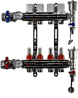 Коллекторная группа (KA004) - 1", 4 ходов, с расходомерами латунь, с кранами